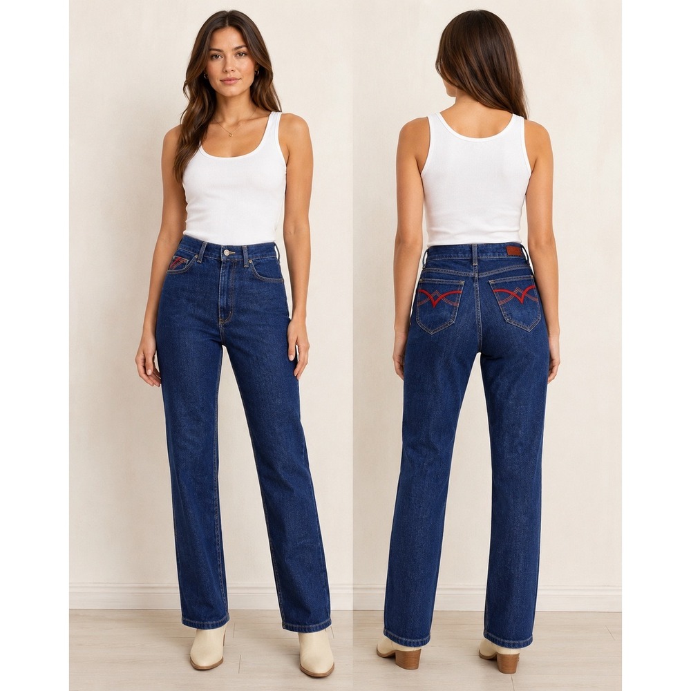 Silvano Vintage High Waisted Straight Leg Jeans Dark Wash Red Embroidery Size 33